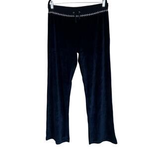Donna Y2K Bootcut Velour Track Pants Embroidered Waistline Black Casual Sz L